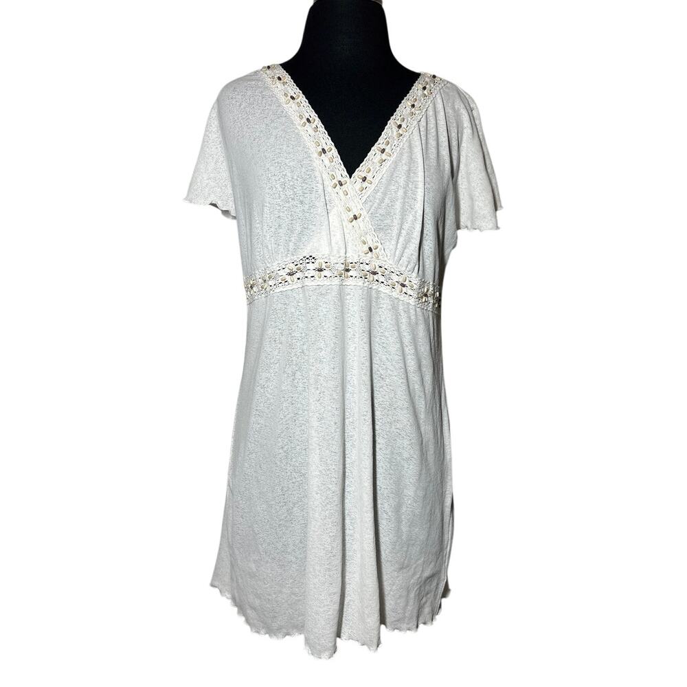 Y2K Style & Co Babydoll Top Lettuce Hem Beaded Empire Waist Tan M Retro Coquette